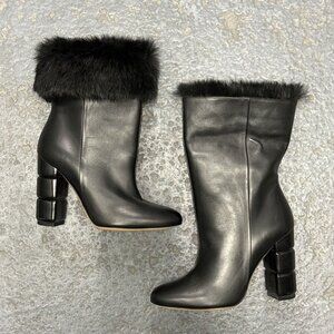 SALVATORE FERRAGAMO black leather rabbit fur trim stacked heel ankle boots